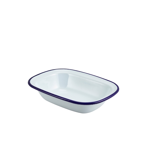 GENWARE | ENAMEL RECT. PIE DISH WHITE & BLUE 20CM X 12 | 44020