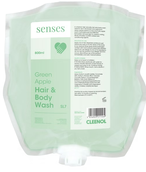 CLEENOL | SENSES GREEN APPLE HAIR & BODY WASH 3 X 800ML | SEN-HBG-3X800
