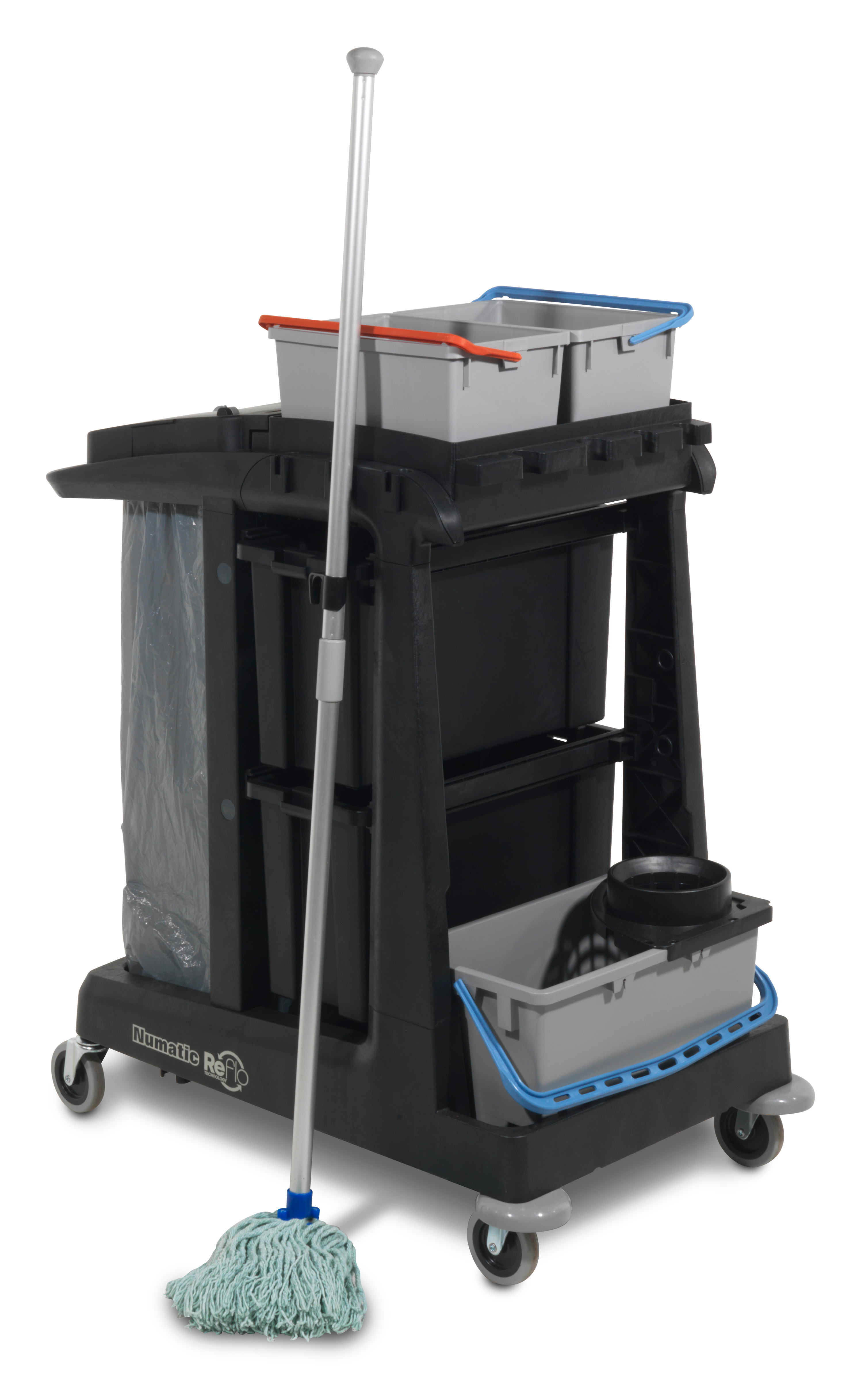 NUMATIC | ECO-MATIC EM2-TM JANITORIAL TROLLEY C/W LOCKING DRAWS, MOP & BUCKETS | 913355