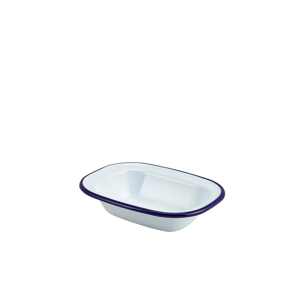 GENWARE | ENAMEL RECT. PIE DISH WHITE & BLUE 16CM X 12 | 44016