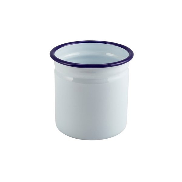 GENWARE | ENAMEL CUTLERY HOLDER WHITE WITH BLUE RIM 11.5CM DIA X 6 | 54510