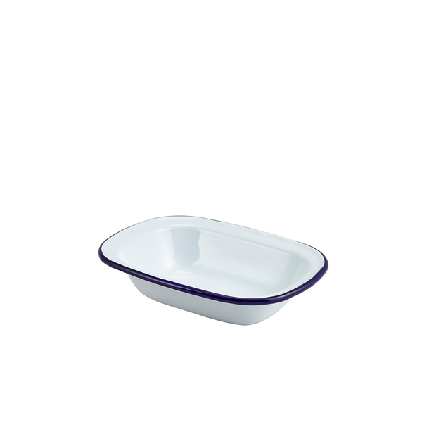 GENWARE | ENAMEL RECT. PIE DISH WHITE & BLUE 18CM X 12 | 44018