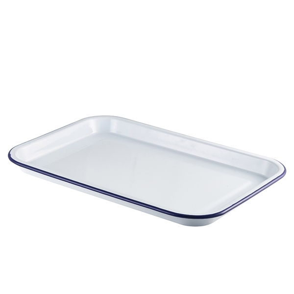 GENWARE | ENAMEL SERVING TRAY WHITE WITH BLUE RIM 38.2X26.4X2.2CM X 6 | 942938WH