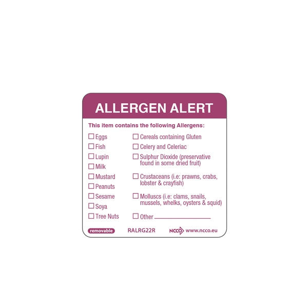 GENWARE | 50X50MM REMOVABLE ALLERGEN LABEL X 500 | RALRG22R