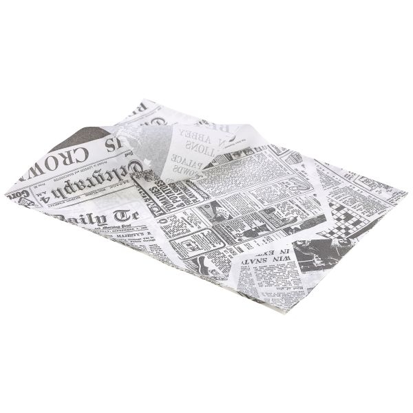 GENWARE | GREASEPROOF PAPER WHITE NEWSPAPER PRINT 25 X 35CM | PN1487P