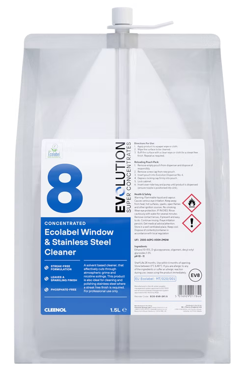 CLEENOL | ECOLABEL EVOLUTION WINDOW & STAINLESS STEEL CLEANER EV8 X 1.5 LTR | ECO-EV8