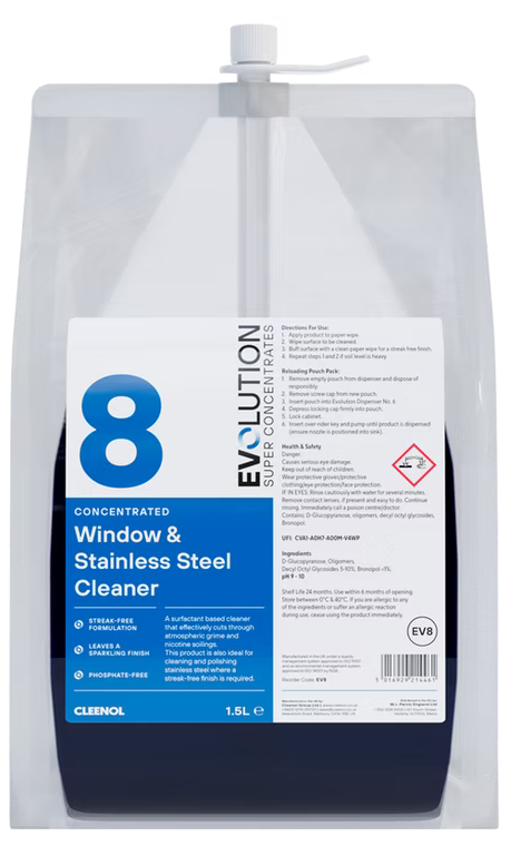 CLEENOL | ECOLABEL EVOLUTION WINDOW & STAINLESS STEEL CLEANER EV8 X 1.5 LTR | ECO-EV8