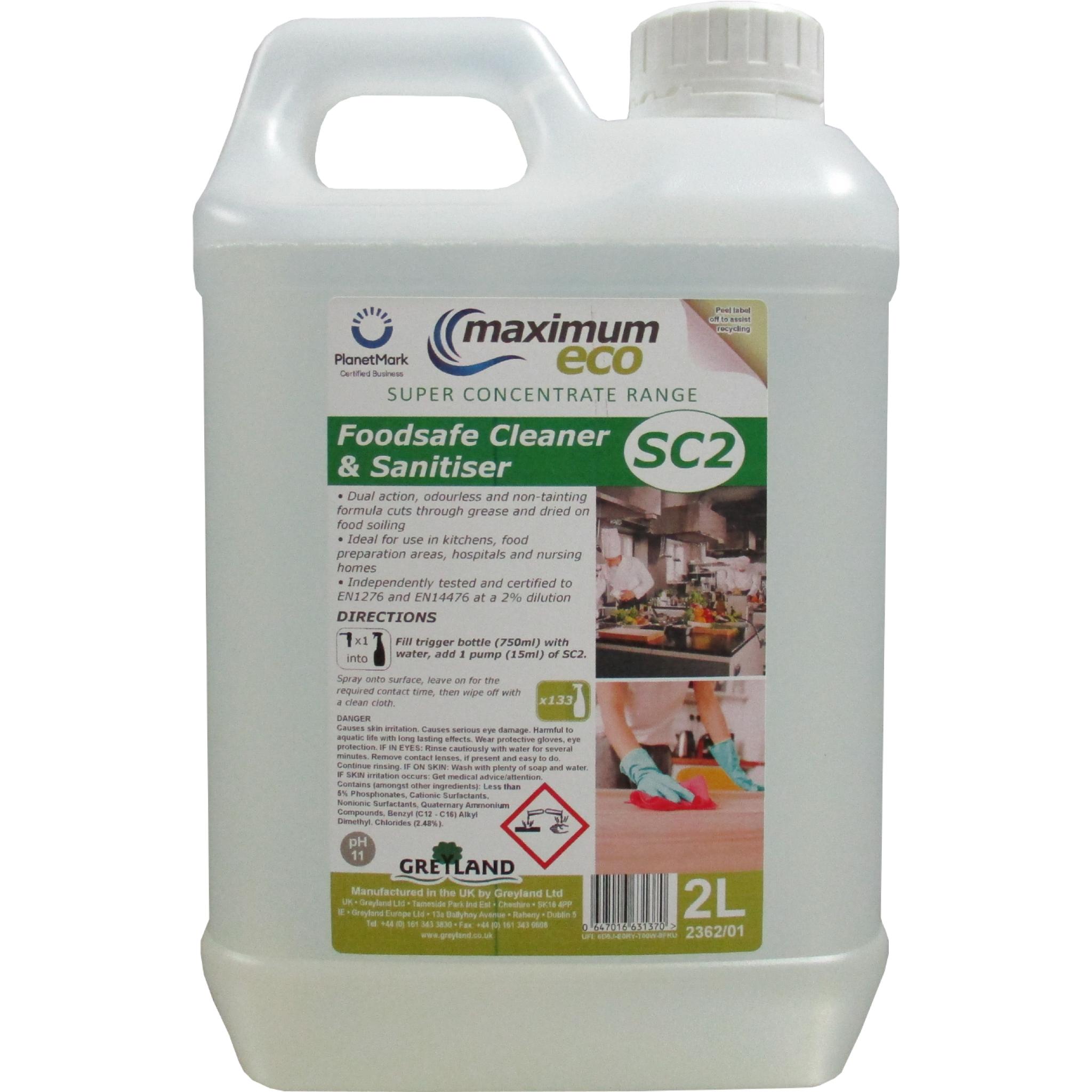 GREYLAND | MAXIMUM ECO SUPER CONCENTRATE SC2 FOOD SAFE CLEANER & SANITISER X 2LTR | 2362/01
