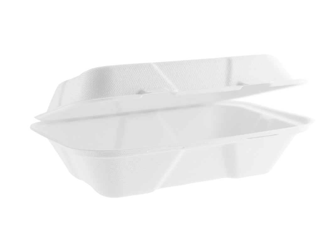 VEGWARE | HINGED BAGASSE FOOD CONTAINER 9 INCH X 6 INCH X 200 | VA-SH89
